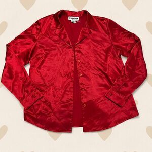 Joan Leslie Red satin button-up blouse